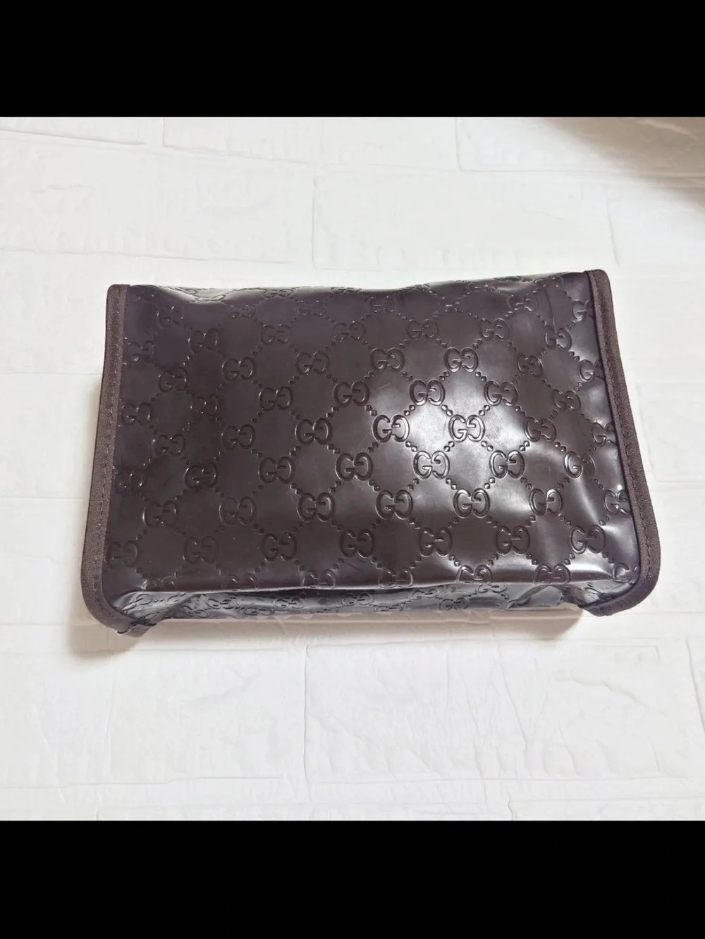 Gucci Brown Patent GG Embossed Cosmetic Pouch with Web Zip Pull